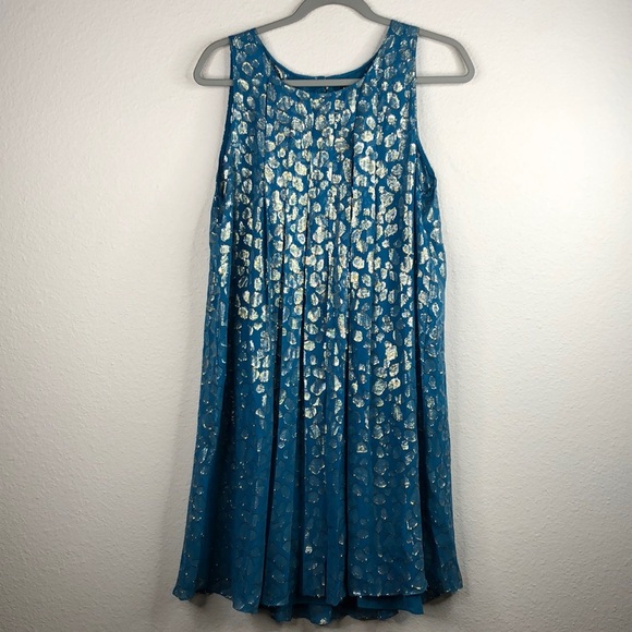 Anthropologie Trapese Dress Blue Leaf Motif Tinsel Printed Lined Womens 10 NEW - Picture 1 of 9